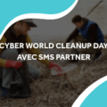 image de deux personnes qui ramassent des déchets avec le titre cyber world cleanup day avec sms partner
