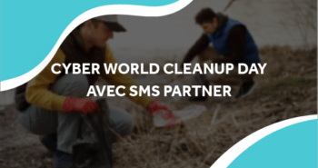 image de deux personnes qui ramassent des déchets avec le titre cyber world cleanup day avec sms partner