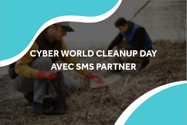 image de deux personnes qui ramassent des déchets avec le titre cyber world cleanup day avec sms partner