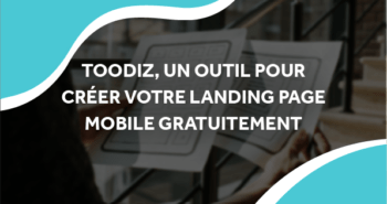 image d'une personne qui tient des images de wireframes avec le titre Toodiz, un outil pour créer votre landing page mobile gratuitement