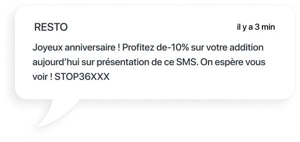 exemple sms pour l'envoi de réduction sur l'addition pour un anniversaire