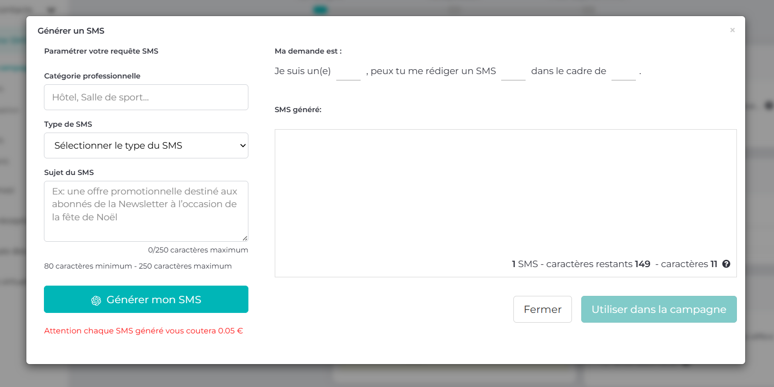 Générer un SMS IA sur SMS Partner