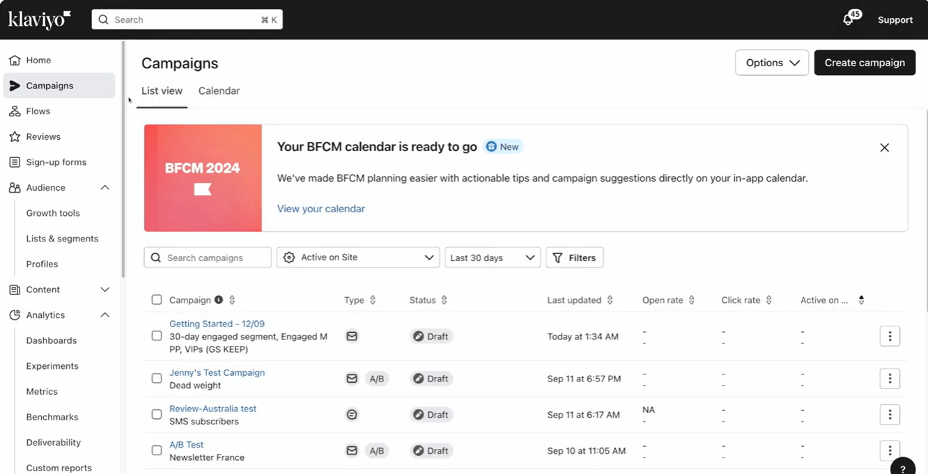Interface de Klaviyo