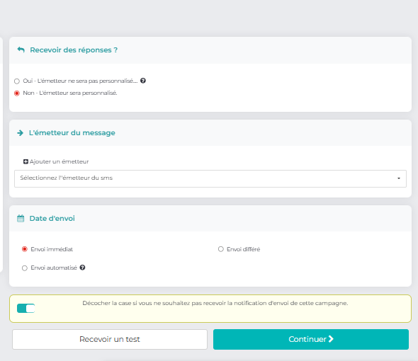 Campagne SMS : émetteur et date d'envoi