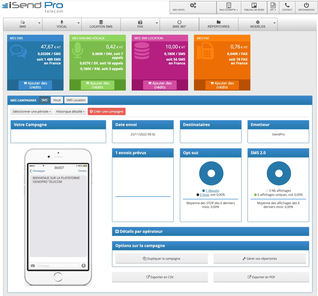 Interface iSendPro Telecom
